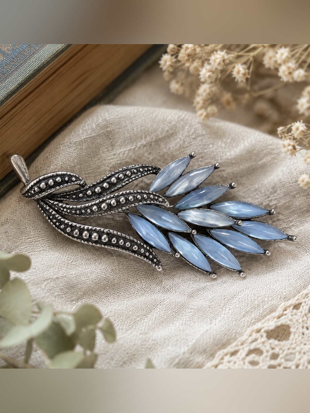 Vintage Silver Tone Light Blue Marquise Stone Leaf Spray Brooch Pin